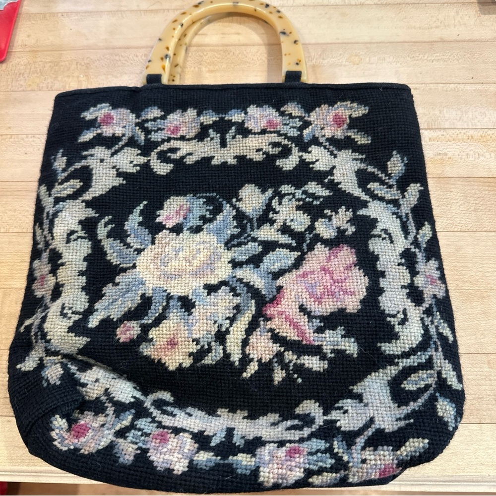 Fiona Chan Floral Embroidered Tote Bag with Acrylic Handles 12” X 12”